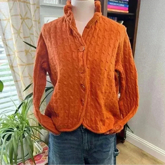 Talbots Cardigan Orange Merino Wool Cable Pattern Sweater Petite Medium - Picture 15 of 15